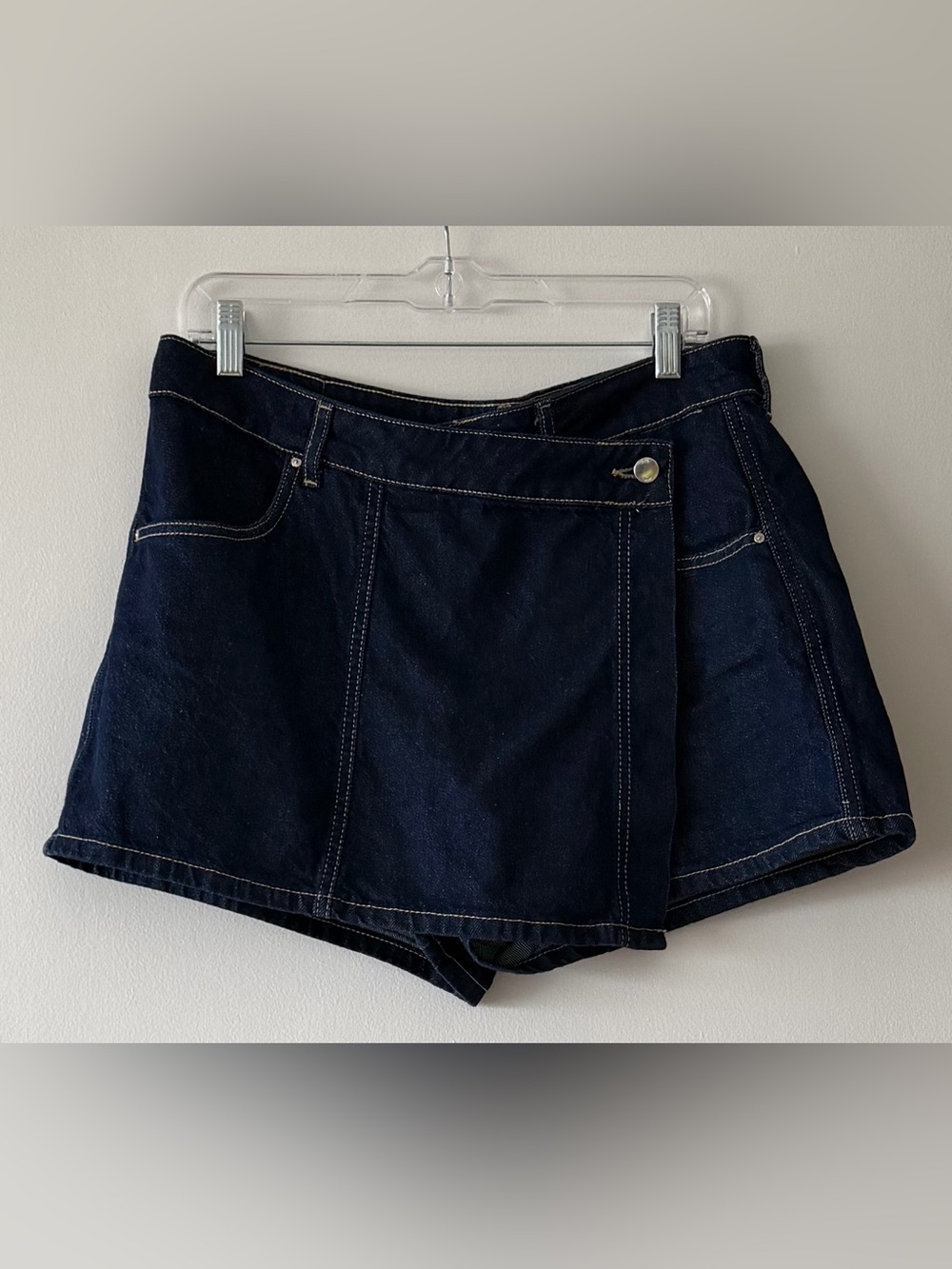ZARA Dark Wash Denim Wrap Skort Asymmetric High Rise Jean Mini Shorts Large